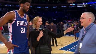 Joel Embiid On Crashing Into Front Row & Facing Mitchell Robinson | New York Knicks Post Game